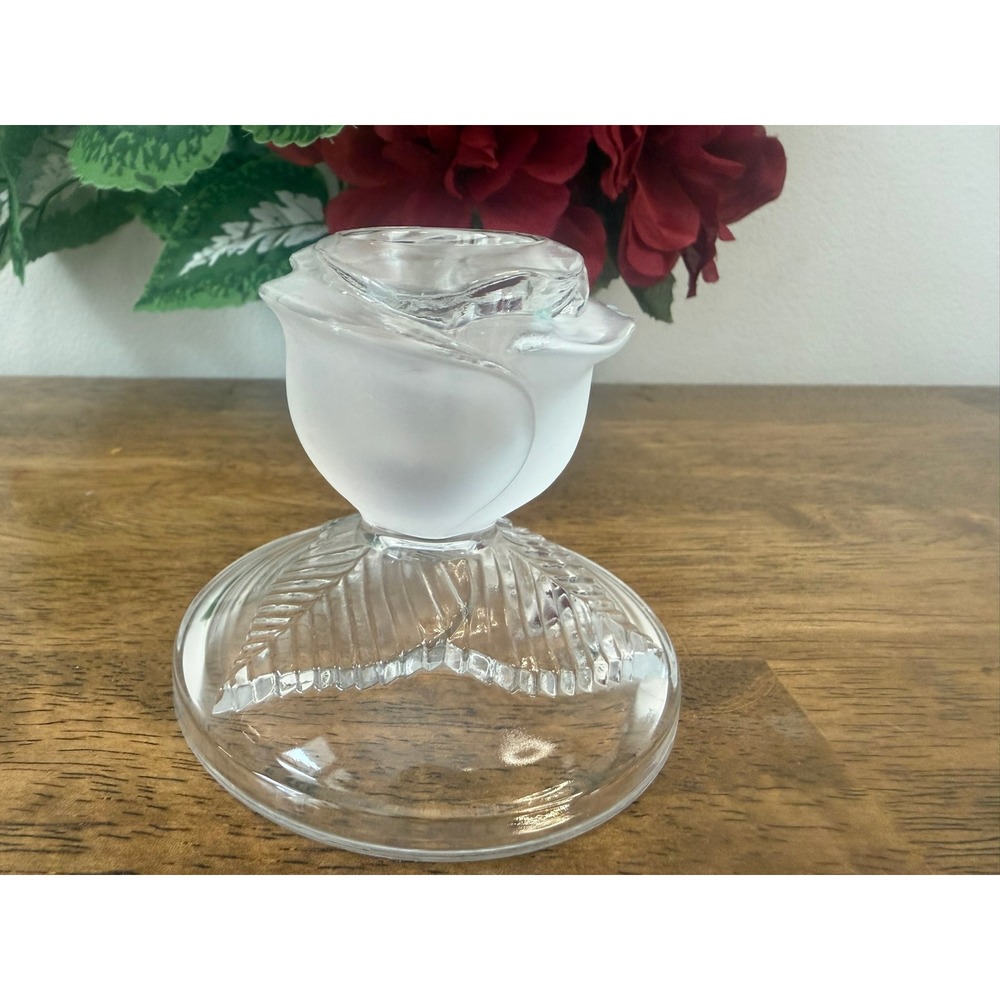 Vintage Cristal d'Arques Frosted Rose Candle Holder Clear Glass Retro Decor MCM